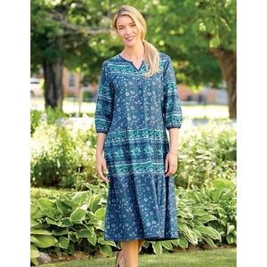 Floral Boho Midi Tiered Dress Womens 1X Blue Paisley Vermont Country Store